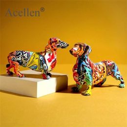 Painted Colourful Dachshund Dog Figurine Home Decor Modern Wine Cabinet Office Desktop Resin Crafts Miniatures Statue Gift 211108