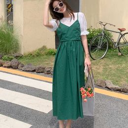 Plus Size Fake 2 Pieces Summer Midi-Length Dress Women Korean Style Ladies Short Petal Sleeve Slim Back Bow Sundress Female 210527