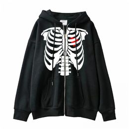 Skeleton Zipper Hoodie Female Skull Heart Print Harajuku Spring And Autumn Jacket Street Men Women Y2k Sweater 220314