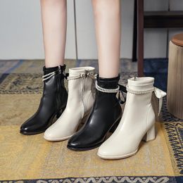 Boots Lady Round Toe Shoes Boots-Women Mid Calf Low 2021 Rock Autumn High Heel Rubber Mid-Calf Cotton Fabric Slip-On PU Lace-Up