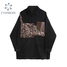 Autumn spring Blouses Long Sleeve Turn Down Fashion Vintage Turn-down Casual Loose Leopard Womens Slim Shirt Tops Streetwear 210417