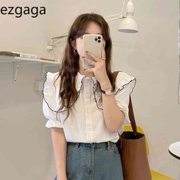 Ezgaga Summer New Lapel Short Sleeve Contrast Blouse Women French Style Loose Single-Breasted White Shirts All-Match Casual 210430