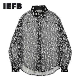 IEFB Unisex Wear Hollow Out Transparent Sunscreen Summer Clothes Long Sleeve Gauze Printting Black Tops For Men 9Y1388 210524