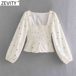 Women Vintage Square Collar Hearts Print Elastic Short Smock Blouse Female Hem Ruffles Slim Shirt Roupas Chic Tops LS9103 210416