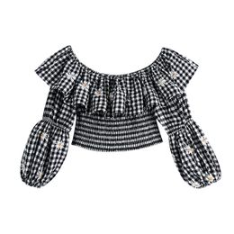 Vintage chic plaid slim women blouse Embroidery puff sleeve lady tops Fashion slash neck gentle female 210430
