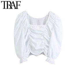 TRAF Women Fashion Elastic Smocked Ruffled Cropped Blouses Vintage Square Collar Lantern Sleeve Female Shirts Chic Tops 210415