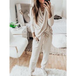 Women Pajamas V Neck Long Sleeve Lace Up Pants Solid Lounge Wear Casual Outfits Homewear 2pcs Set Plus Size Sleepwear 210809