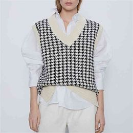 women fashion oversized knitted vest sweater V neck sleeveless houndstooth loose female waistcoat chic tops 210914