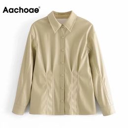 Aachoae Women Pu Leather Jacket Autumn Spring Turn Down Collar Chic Coat Outerwear Long Sleeve Pleated Jacket Female 210413