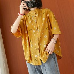 Women Loose Casual Shirts New Arrival Summer Simple Style Vintage Stand Collar Floral Print Female Cotton Linen Tops S3544 210412