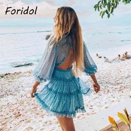 Floral print long sleeve women dress deep v-neck beach backless mini Short autumn casual holiday boho 210427