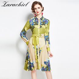 Autumn Fashion Designer Butterfly Floral Print Fruit Green Women Bohemian Long Sleeve Lace-up Boho Party Dress With Belt 210416