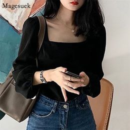 Autumn Vintage Black Long Sleeve Shirt Women Square Collar Short Sexy Corset Top Blouse Femme Casual Female Shirts 12455 210512