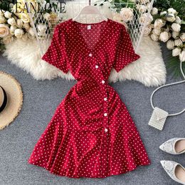 Dot Ruffles Summer Dresses Korean Chic Fashion High Waist Vestidos Elegant Sweet Robe V Neck 16775 210415