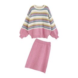 Women Sweater and Jumpers Kntting Pullover Skirt Pink Striped Knitwear 2 Pieces Suit Loose Korean Pull 210430