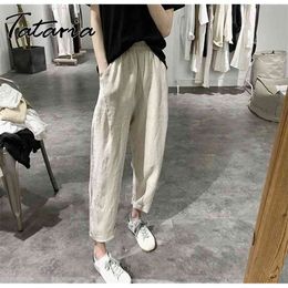 Cotton Linen Pants for Women Khaki Solid Color Harem High Waist Ankle-length Sweatpants Trousers Female 210514