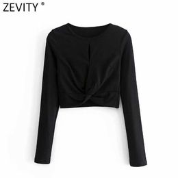 ZEVITY Euro Women High Street Hollow Out Design Black Short Knitting Blouse Femme Chic Hem Knotted Shirt Slim Blusas Tops LS9056 210603