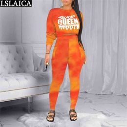 2 Pc Set For Women Outfits Tie Dye Letter Print Crop Top Long Pants Sweatsuit Autumn Slim Bodycon Matching Sets Vestido De Mujer 210515