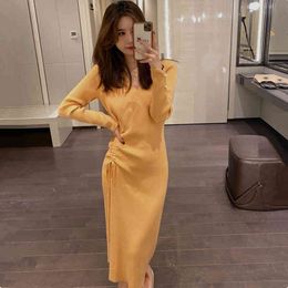 Winter Women's Knitted Sweater Dress Yellow Korean Long V-Neck Drawstring Folds Elegant Ladies 210514