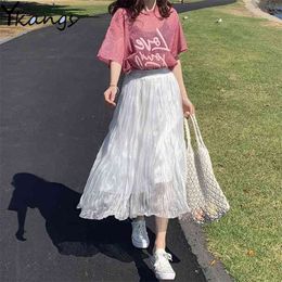 White Fairy Pleated Skirt Women Summer Sweet High Waist Midi Korean Style Black Long Beach Bohemian Saia Spring 210421
