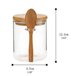 Sugar Bowl with Bamboo Lid and Spoon Clear Glass Canister Jar for Kitchen Storag 4X7A