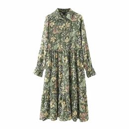 Autumn Women Green Leaf Printing Loose Midi Dress Female Turndown Collar Long Sleeve Clothes Casual Lady Vestido D6782 210430