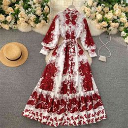 Women European Chic Vintage Dress Autumn Contrast Colour Floral Printed Puff Sleeve Stand Collar Split Long Vestidos GK411 210507
