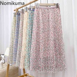 Nomikuma A Line Pleated Skirts Gauze Flower Printed Arrival Korean Mid Calf Skirt Women Casual Sweet Faldas Mujer 210514
