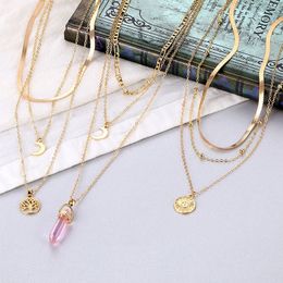 EN 2020 Punk Multi Layer Lock Chain Necklaces For Women Gold Crystal Pearl Butterfly Pendant Necklace Fashion Statement Jewelry