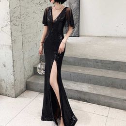 PERHAPS U Women Evening Party Dress Black Gold Green Sequined Mesh Patchwork V Neck Halter Split Short Sleeve Maxi Dress D2197 210529