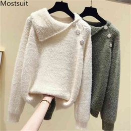 Spring Faux Mink Knitted Sweater Pullover Women Full Sleeve Turn-down Collar Buttons Casual Fashion Korean Tops Sweaters 210513