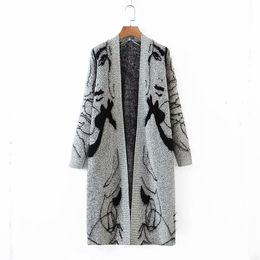 Vintage Woman Grey Embroidery Long Cardigan Spring-Autumn Fashion Soft V Neck Knitted Sweaters Ladies Casual Knitwear 210515