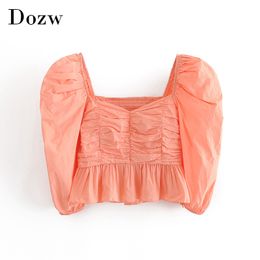 Solid Chic Ruffled Cotton Blouse Women Sweet V Neck Stretch Pleated Crop Top Female Puff Long Sleeve Stylish Shirt Blusa 210414