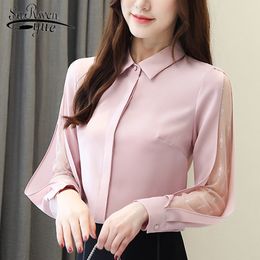 Fashion Women Chiffon Blouses Spliced Solid Turn-down Collar Long Sleeve Casual Tops Pink White Office Lady 5403 50 210508