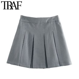 TRAF Women Chic Fashion Houndstooth Pleated Mini Skirt Vintage High Waist Side Zipper Female Skirts Mujer 210415