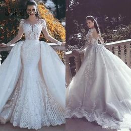New Mermaid Lace Wedding Dresses With Detachable Train Sheer Neck Long Sleeves Beaded Overskirt Dubai Arabic Bridal Gowns BA7402