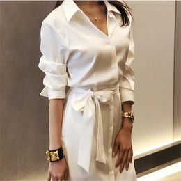 Summer White Shirts High Split Dress For Women long Sleeve Belted Slim Waist Long Office Ladies Dresses 210515