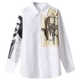 PERHAPS U White Black Character Tree Print Turn Down Collar Button Long Sleeve Chic Loose Shirt B0579 210529