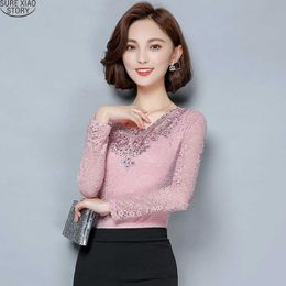 Long Sleeved Lace Shirt Fashion Casual Collar V Female Winter & Autumn Women's All-match Sexy Small Shirt 382i 30 210528
