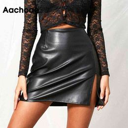 Aachaoe Fashion Black PU Faux Leather Mini Women Streetwear Sexy Split Skirt Ladies High Wasit Skirts Jupe Femme 210413