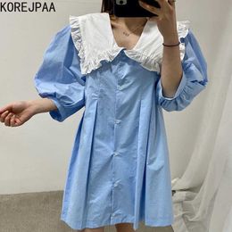 Korejpaa Women Dress Summer Korean Chic Age-Reducing Western Style Doll Collar Wooden Ear Stitching Puff Sleeve Vestidos 210526