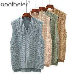 Twist Pullover Sweater Vest Women Autumn Loose V-Neck Waistcoat Wool Knitted Winter Sleeveless Solid Korean 210604