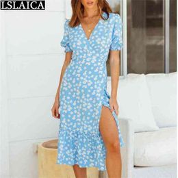 Midi Dress Women Floral Printing Short Sleeve Party Fashion Small Fresh Style Dresses Skinny Thigh Slit for 210515