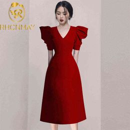 New Chic Puff Sleeve Bodycon Dress Ladies Office Elegant Red Women Summer V Neck Midi Dress Short Sleeve Slim Waist Dress Y1204