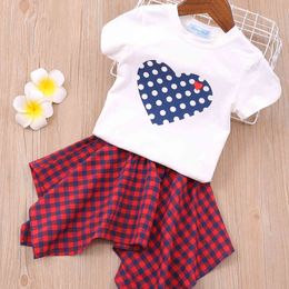 Girl Set Summer Cartoon Love T-Shirt+Plaid Dress 2PCS Kids Baby Girls Children Clothes 210515