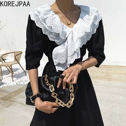 Korejpaa Women Dress Summer Korea Chic Elegant Temperament V Neck Double Hollow Lace Stitching Waist Short Sleeve Dresses 210526