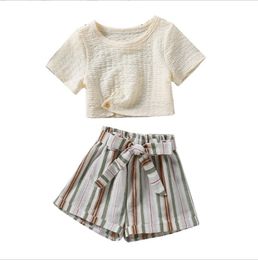 White solid T-shirt + striped shorts two piece set for baby girls summer fashion outfits