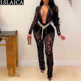 Two Piece Pants Set Black Lace See Thourgh Sexy Party Club s for Women Long Sleeve Spring Summer Plus Size 210520
