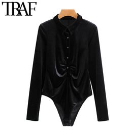 Women Chic Fashion Button-up Pleated Velvet Bodysuits Vintage Lapel Collar Long Sleeve Female Playsuits Tops 210507