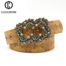 Belts For Women Vintage Diamond Stone Floral Buckle Fashion Casual Cowgirl Westerh Wide Genuine Leather StrapLB2182